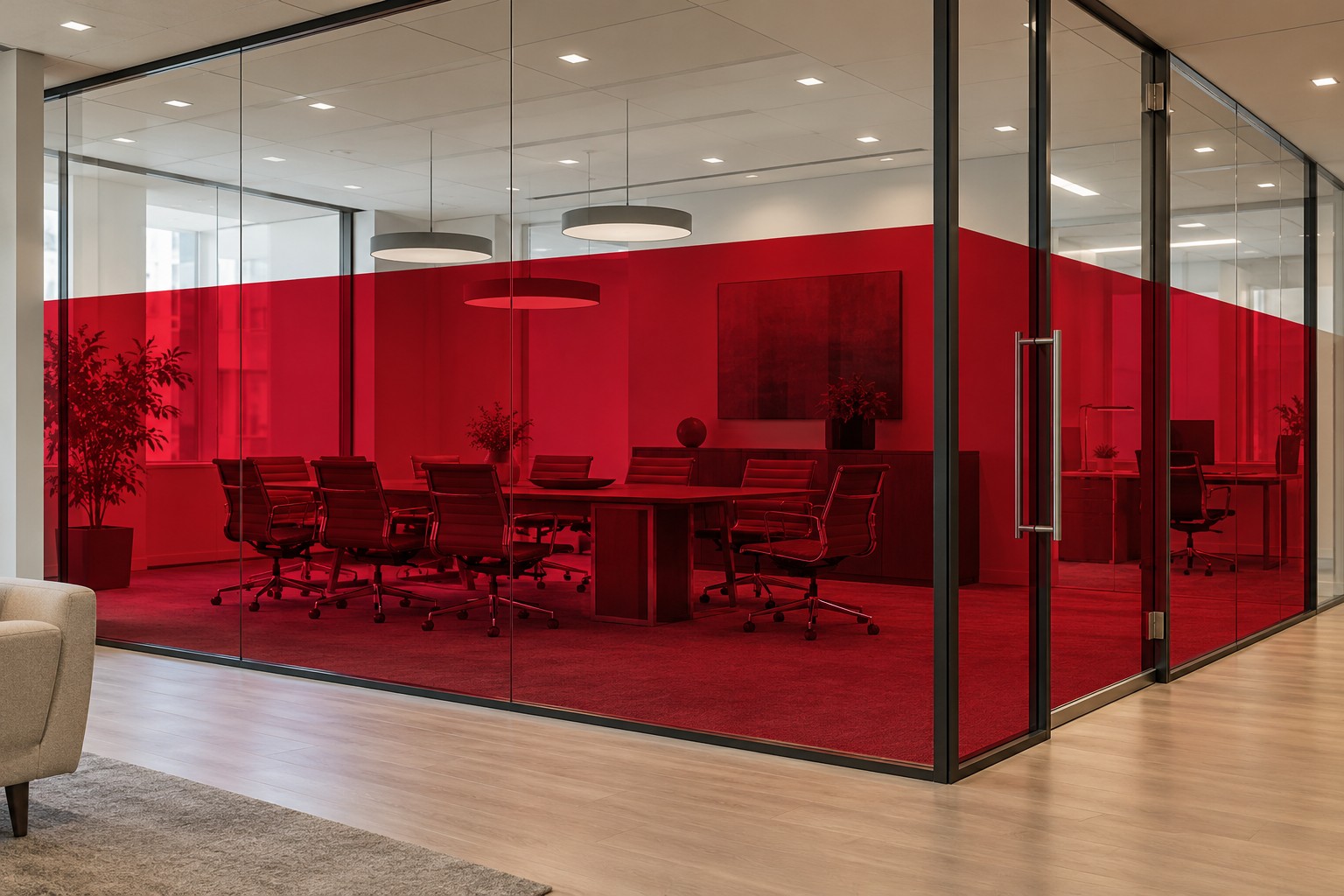 Illustration d’une cloison vitrée intérieure avec film transparent rouge laissant voir le mobilier derrière le verre
