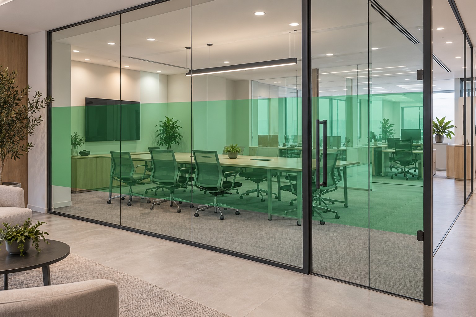 Illustration d’une cloison vitrée de bureau habillée d’un film transparent vert menthe avec mobilier visible en arrière-plan